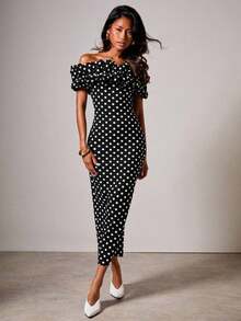 xheCOSMINA Vestido elegante de longitud media, ajustado, con hombros descubiertos y volantes con estampado de lunares para mujerxhe - Blanco y Negro - Ver 3