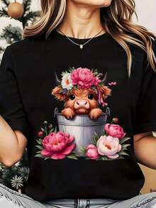 Camiseta de Mujer con Diseño de Vaca Linda con Corona de Flores en un Cubo, Cuello Redondo, Uso Diario, Tela Suave y Cómoda, Estilo Vacacional, 220g, Playera Holgada para Mujer - Negro - Ver 7