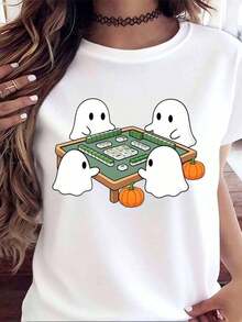 ropa de mujer Camiseta con estampado de fantasmas adorables jugando al mahjong para Halloween, estampado de dibujos animados para mujeres y niñas, atuendo casual de otoño, camisas de mujer - Blanco - Ver 6