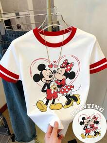 Disney Licensed Women's Y2K Color Block Summer Crew Neck Short Sleeve T-Shirt - Breathable Crew Neck Casual Top With A Romantic Print Design Featuring Mickey And Minnie Mouse. Perfect For Everyday Wear. - trắng - Xem 1