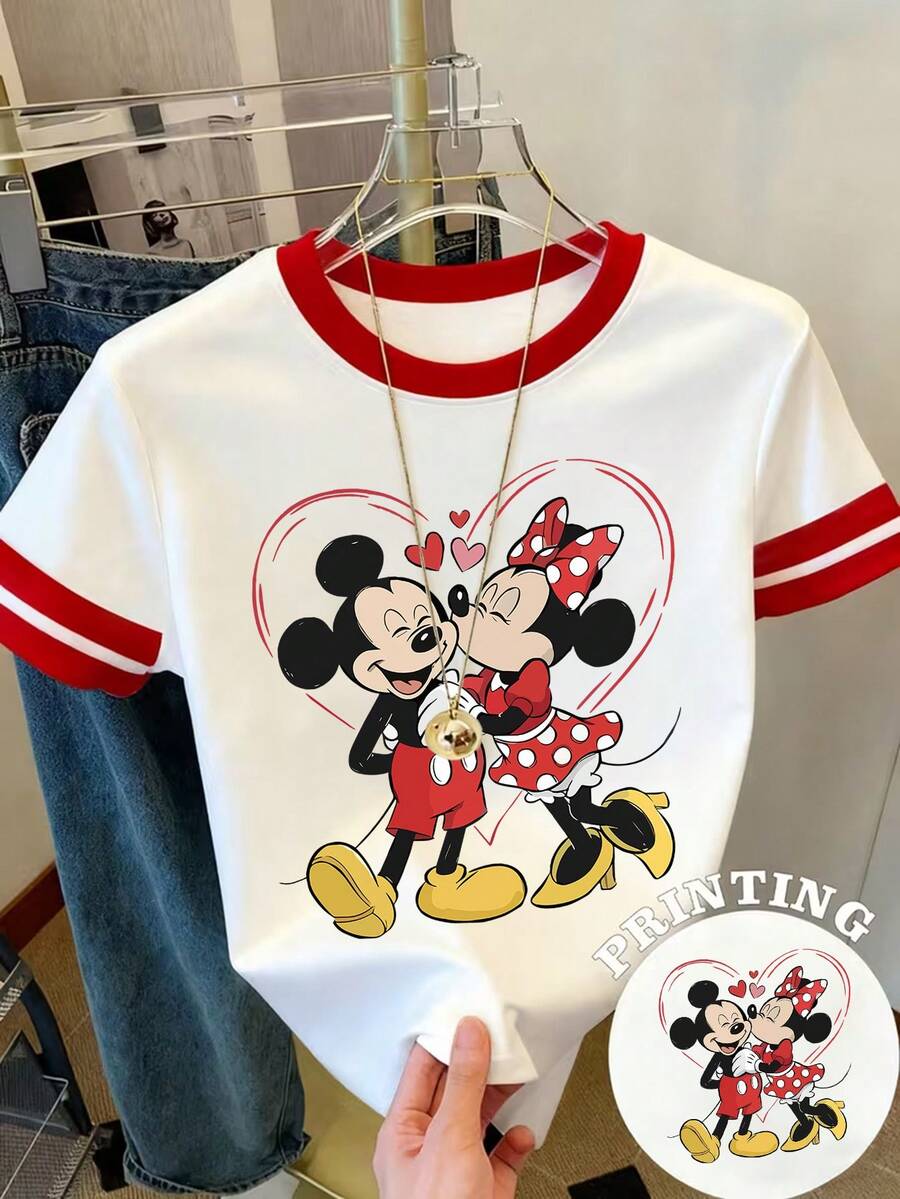 Disney Licensed Women's Y2K Color Block Summer Crew Neck Short Sleeve T-Shirt - Breathable Crew Neck Casual Top With A Romantic Print Design Featuring Mickey And Minnie Mouse. Perfect For Everyday Wear. - trắng - Xem 1