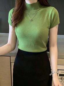 Camiseta de mujer de cuello medio-alto, top casual, estilo coreano de moda en color liso, para la temporada de primavera-verano - Albaricoque - Ver 5