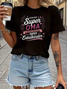 When You're A Super Grandma, You Inevitably Have Super Grandkids. Women's Casual Short Sleeve Crew Neck Top, Spring-Summer, With 'Super Grandma And Grandkids' Print - 黑色 - 查看 1