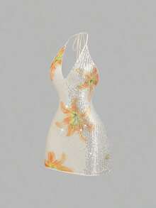 Vestido mini elegante y romántico para mujer con estampado floral y de lentejuelas, cuello en V y espalda descubierta con tirantes anudados, adecuado para vacaciones, fiestas y reuniones, primavera/verano - Multicolor - Ver 9
