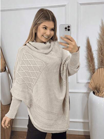 Poncho Feminino Bico Casaco Punho Tricô Gola Alta Capa Inverno Casual