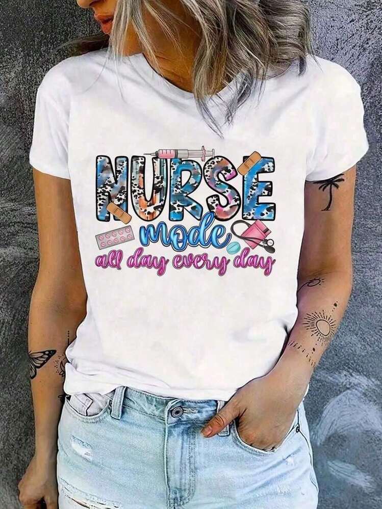 PAYEAH Short Sleeve Graphic T-Shirt, 100% Cotton, Vibrant Nurse Letter Print, Women's Thick Cotton Short Sleeve T-Shirt, Vintage Style - 白色 - 查看 1