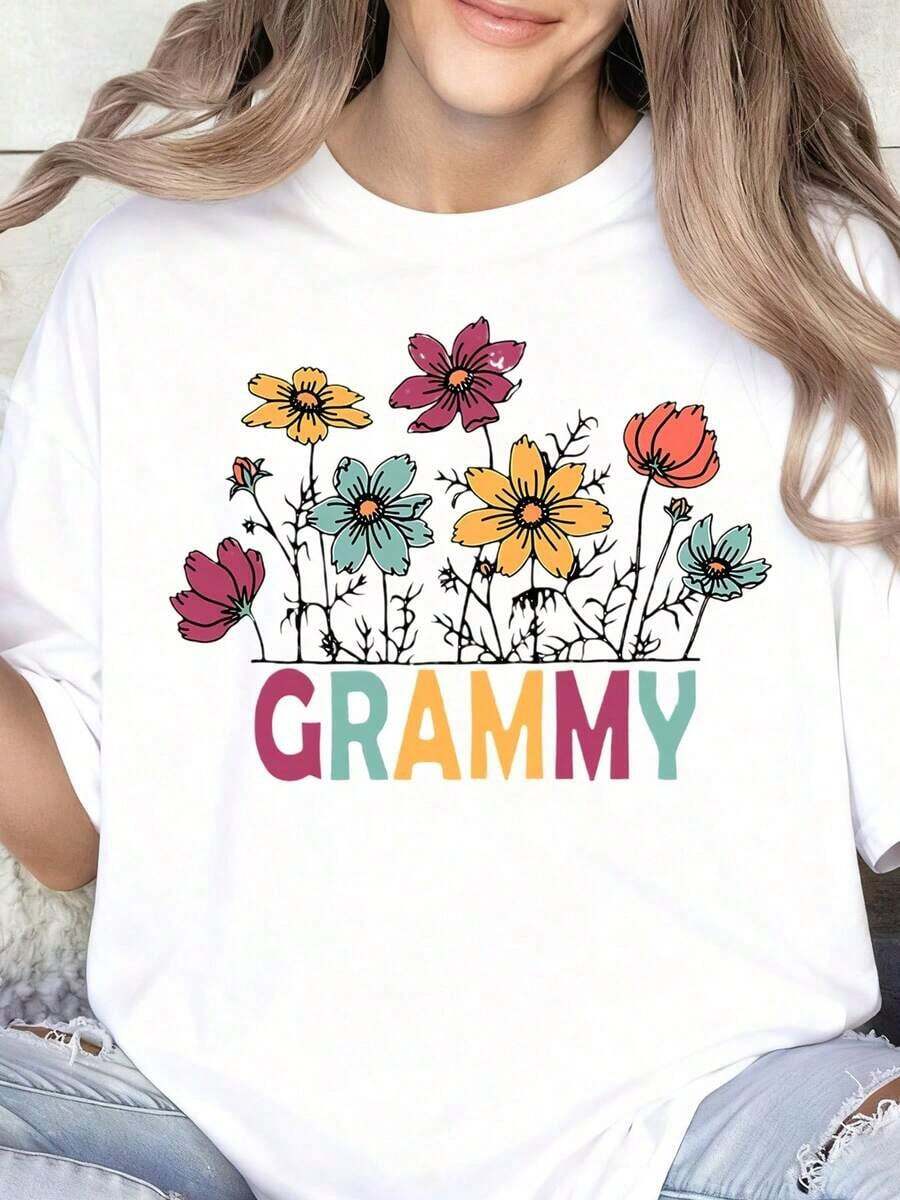 100% algodón, camiseta de mujer con estampado de flores coloridas, camiseta Grammy para regalo a la abuela, regalo para el Día de la Madre, regalo de cumpleaños, ropa casual de mujer, top de verano. - Blanco - Ver 1