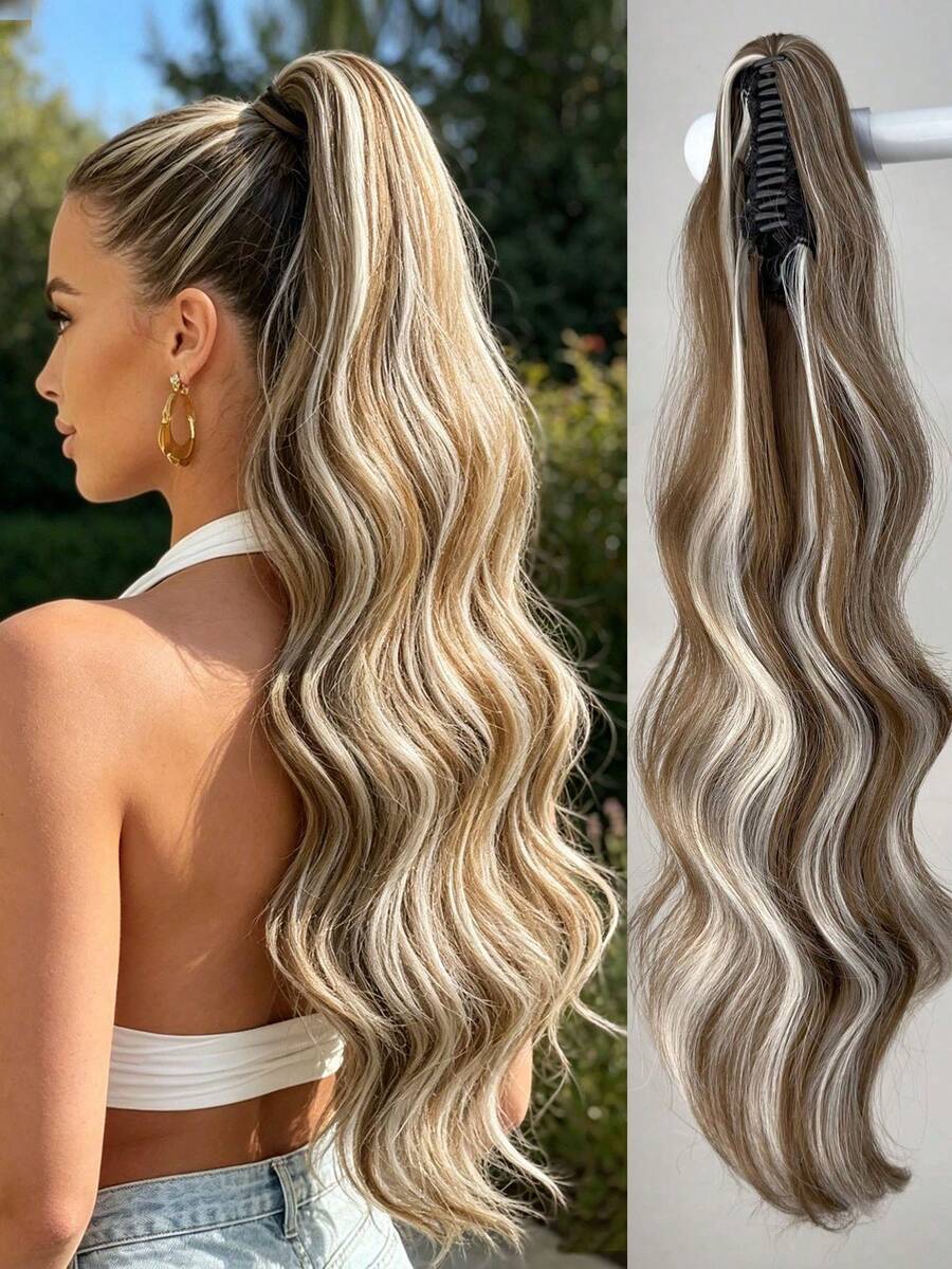 26 Inch Wavy Curly Clip-On Ponytail Wig, Heat Resistant Fiber, Suitable For Daily Wear And Parties