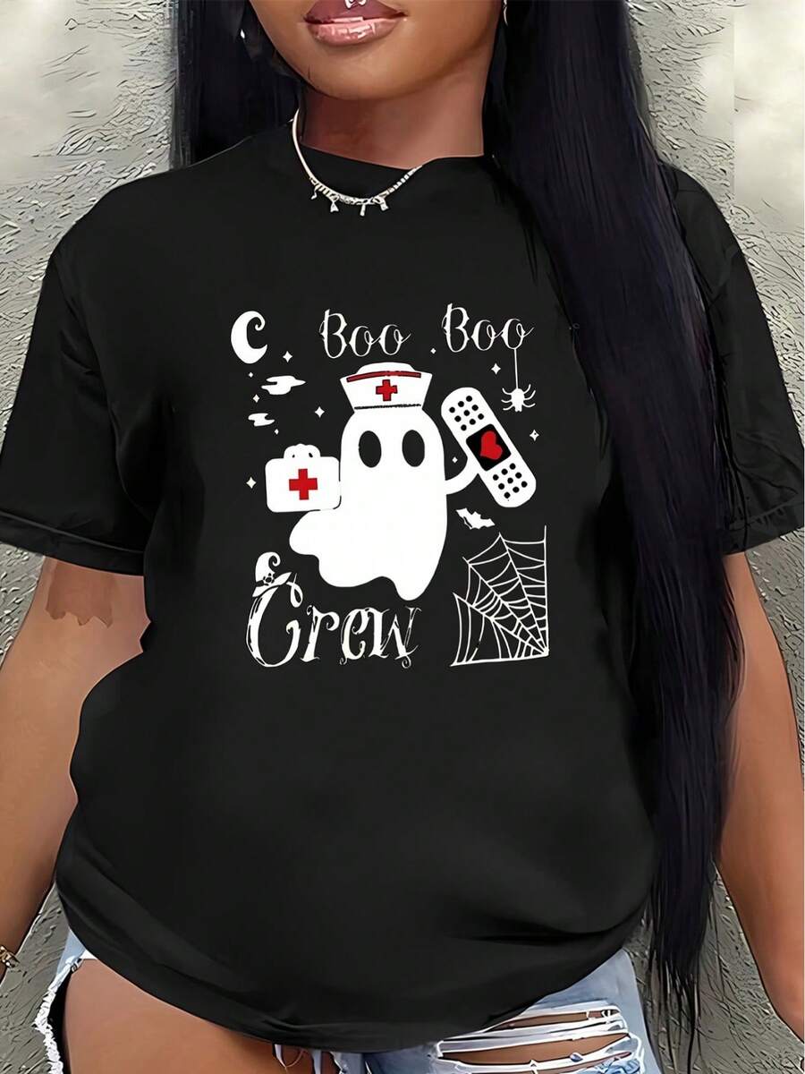Camiseta de manga corta, ligera y duradera, con un diseño de enfermera espeluznante, la mejor opción para disfraces de Halloween para mujeres, adecuada para fiestas y eventos festivos en casa o en restaurantes. - Negro - Ver 1