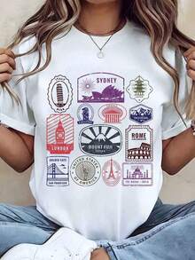 Camiseta de Mujer Under The Radar con Estampado de Monumentos Mundiales, Diseño Gráfico, Cuello Redondo, Corte Holgado Casual, Regalo de Recuerdo de Viaje, Top de Mezcla de Algodón - Estilo Urbano Vintage, Unisex, Camiseta de Manga Corta de Algodón con Cuello Redondo - Blanco - Ver 6