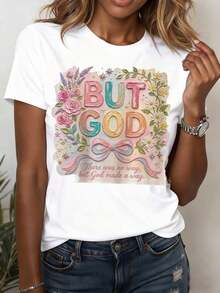 Camiseta de Mujer con Diseño Floral "But God", Manga Corta, Cuello Redondo, Estilo Casual para Primavera y Verano, Regalo para Amigas y Familiares Devotas, Adecuada para Ocasiones de Ocio y Deporte. - Blanco - Ver 1