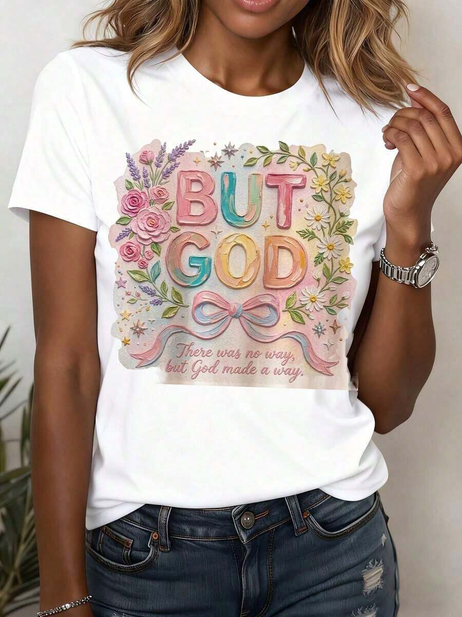 Camiseta de Mujer con Diseño Floral "But God", Manga Corta, Cuello Redondo, Estilo Casual para Primavera y Verano, Regalo para Amigas y Familiares Devotas, Adecuada para Ocasiones de Ocio y Deporte. - Blanco - Ver 1