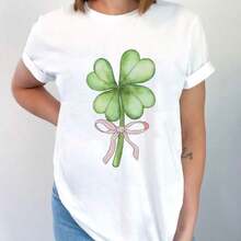 Camisetas del Día de San Patricio para Mujer, Camisetas con Tréboles Irlandeses de la Suerte, Manga Corta, Cuello Redondo, Blancas, Estampadas, con LazoSuitable for spring, summer and autumn - Blanco - Ver 4