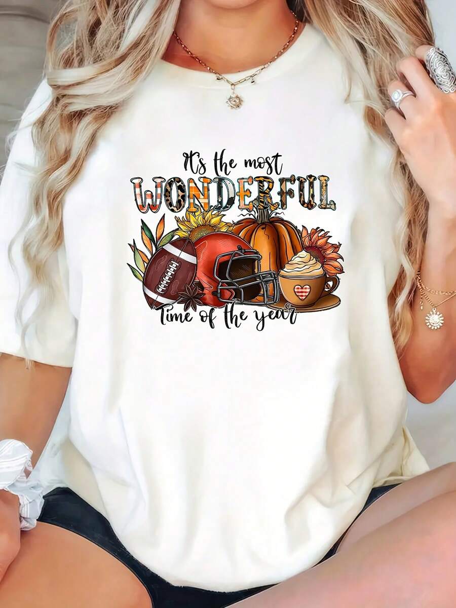 Women's Size One-Piece T-Shirt, 100% Cotton With Turkey Design - Short-Sleeve Crew Neck Knit T-Shirt For Thanksgiving Season, Casual All-Season Fabric With Ribbed Collar And Cuffs, American Team Fan Apparel, Autumn-Themed Pumpkin And Turkey Design, Machine Washable, Unlined, Suitable For Everyday Wear And Game Days, Festive Wear, Breathable Material, Durable Construction - Unisex Short-Sleeve Crew Neck Loose Cotton T-Shirt, Urban Vintage Style. - 白色 - 查看 1