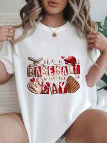 Nueva Llegada 2026: Camiseta Casual Estampada de Moda para Mujer con Diseño de Béisbol, Adecuada para Todas las Temporadas  
 Camiseta de Mujer de Uso Diario, 100% Algodón, Transpirable, de Moda, con Estampado Gráfico, de la Marca WhiteSoft. - Blanco - Ver 1