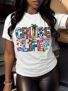100% Pure Cotton, Women's T-Shirt [Vibrant Beach Tee] Soft, Breathable, Plus Size Graphic Tee For Women, Casual Summer Style With Vibrant Beach Design, Short Sleeves, Round Neck For Fitness, Daily Wear And Outdoor Activities, Beach Tee. - 白色 - 查看 6