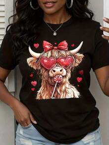 Camiseta de San Valentín para Mujer con Diseño de Linda Vaca Highland con Gafas de Sol en Forma de Corazón y Piruleta, Blanca, Casual, Estilo Vintage Urbano, Unisex, de Algodón, Manga Corta, Cuello Redondo, 100% Algodón - Negro - Ver 7