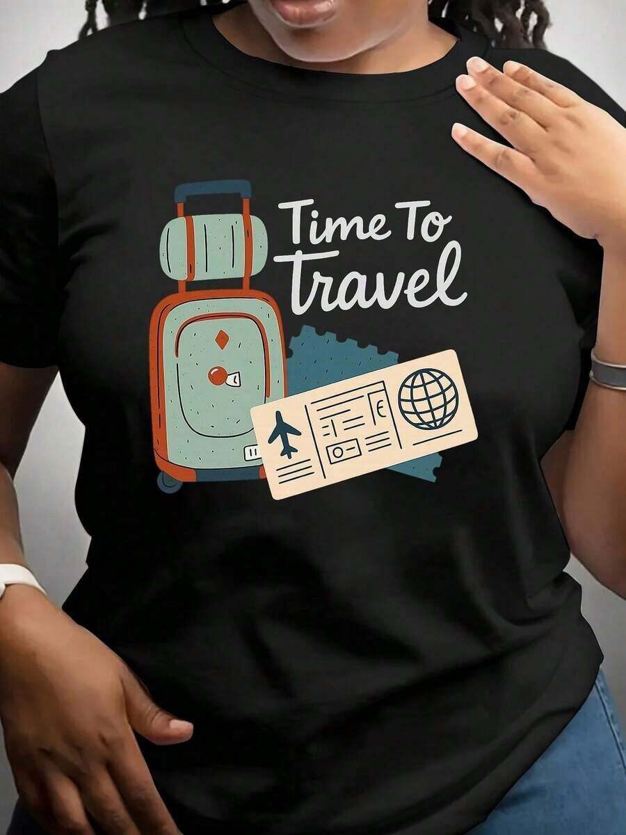 Camiseta Y2K con diseño de maleta y boleto de avión perfecta para los amantes de los viajes ideal para destacar tu estilo y pasión por la aventura atrévete a expresar tu personalidad y disfrutar de cada momento con esta prenda única y moderna - Negro - Ver 1