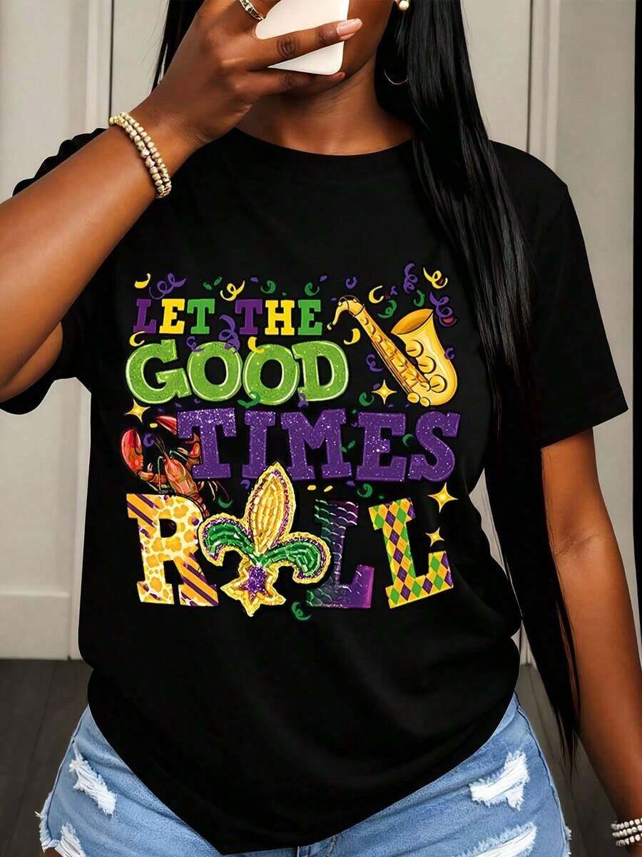 Women's Short Sleeve T-Shirt, Mardi Gras, Let The Good Times Roll, Saxophone And Fleur-De-Lis Print, Party Celebration Wear - 黑色 - 查看 1