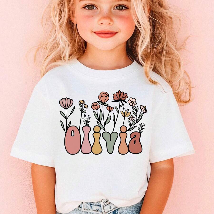 Camiseta para Niños Pequeños con Nombre de Flor, Camisetas Personalizadas para Niños, Camiseta para Niña Pequeña, Camisetas para Niñas, Camiseta Personalizada para Niños, Camisetas para Niños Pequeños, Camisetas Lindas para Niños - Blanco - Ver 1