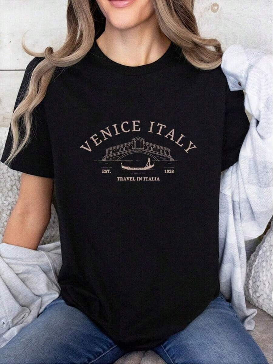 Camiseta mujer casual diseño de Venecia Italia moda exclusiva para viajes disponible en negro, tallas S-XL ropa femenina cómoda camiseta estilo único estampado turístico camiseta . - Negro - Ver 1