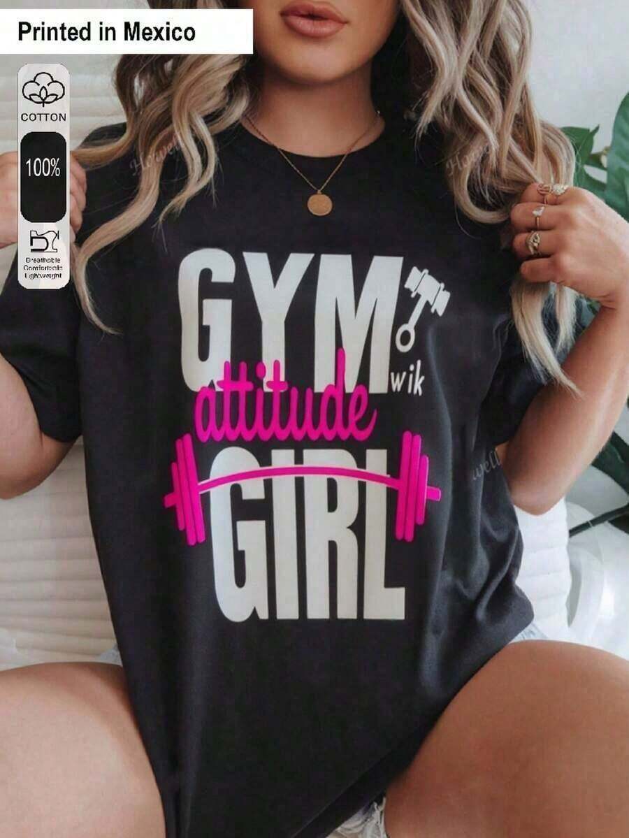 1 camiseta unisex estampada de corte holgadoModern Minimalist style GYM attitude GIRL dumbbellAdecuado para ocasiones como las vacaciones de verano, Halloween y el Día de la Independencia deéxico. - Negro - Ver 1