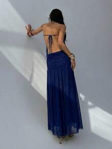 2026 Vestido sin tirantes y sin espalda de color albaricoque para mujer, vestido largo de diseño minimalista con pliegues, vestido fluido, vestido transparente para mujer para primavera y verano, vestido de playa, atuendos de vacaciones en la playa, vestidos de verano amarillo mantequilla para mujeres - Azul marino - Ver 2