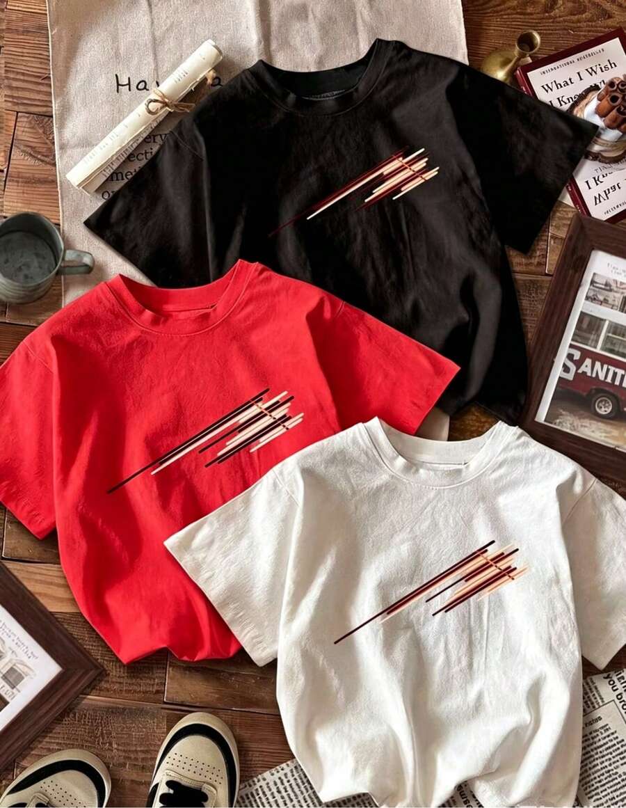 3 Nuevo Modelo : Camiseta de Mujer con Estampado Abstracto de Líneas, Estilo Urbano Personalizado - Conjunto de Pieza - Top Casual de Manga Corta y Cuello Redondo, Estilo Artístico Minimalista, Ideal para el Verano. - Blanco - Ver 1