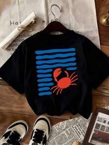 Camiseta de mujer, ropa casual para el día a día, top rojo con estampado de rayas azules, adecuada para uso diario informal. - Negro - Ver 7