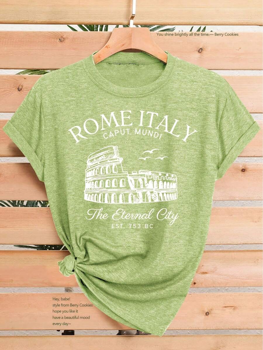 Nueva Camiseta de Manga Corta para Mujer 2026 con Estampado del Coliseo y 'ITALY CAPUT MUNDI', Perfecta para Primavera, Verano y Otoño. Elegante y versátil, esta camiseta de estilo deportivo casual con cuello redondo suave y cómoda. - Verde - Ver 1