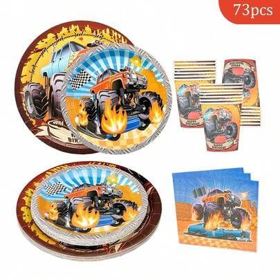 1 Bộ đồ dùng tiệc dùng một lần gồm đĩa hình xe cứu hỏa, khăn ăn, cốc, phù hợp cho 16 khách, bộ đồ ăn bằng giấy dùng một lần cho sinh nhật, đám cưới, tiệc theo chủ đề, dã ngoại gia đình.