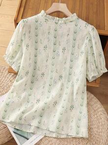 Blusa floral de verano para mamá - Top con mangas abullonadas y botones frontales, ideal para vacaciones, uso diario y reuniones familiares (BaoLianDuo) - Verde - Ver 2