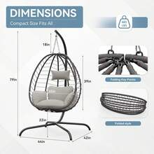 Foldable Egg Chair With Stand, 485LBS Capacity Wicker Rattan Hammock Swing Chair For Outdoor & Indoor, Hanging Chair With Strong Frame & UV Resistant Cushion For Balcony, Bedroom, Cream - Cream - View 2