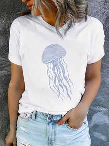 Camiseta de verano para mujer de manga corta con estampado, moderna y casual, lavable a máquina, ajuste cómodo con estampado plano 2D. - Blanco_07 - Ver 8