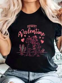 Hola San Valentín Mujeres Camiseta - Oeste Vaquero Gráfico Con Rosa Rotulación & Vaquero Sombrero Motivo Negro Informal Corto Manga Tripulación Cuello Superior, Oeste Día de San Valentín Día Regalo, Primavera Verano Colección Máquina Lavable Regular Ajuste Tee Para Temático Festividades & Ropa Fresca de Verano de la Sra. C - Negro - Ver 6