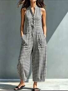 Mono corto nuevo de verano para mujer, estilo casual, sin mangas, cuello alto, con bolsillos, diseño fresco, cómodo, perfecto para looks de día, paseos, viajes y uso diario - Negro - Ver 2