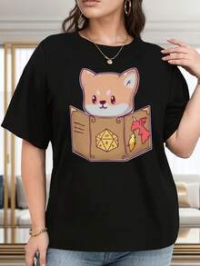 Plus Size Women's Crew Neck T-Shirt With Shiba Inu And Board Game Print - Cartoon Dog And Feathered Dice Design, Soft And Breathable Fabric, Machine Washable Casual Top For All Seasons, Suitable For Gamers And Pet Lovers, Japanese RPG Style Clothing, Casual Blouses For Women - 黑色 - 查看 7