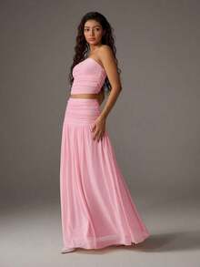 Unity Conjunto de 2 piezas de top corto de bustier de malla de unicolor y falda larga para mujer - Rosa - Ver 5