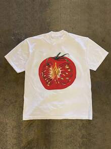 Women's T-Shirts: Unisex Oversized Tomato Print T-Shirt - Y2K/Korean Style, Round Neck, Short Sleeve, Blouse Suitable For Casual Summer Wear, Loose Fit - Fruit And Vegetable Print A-Line Top. - 白色 - 查看 6