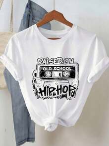 1 pieza de camiseta gráfica retro de hip-hop para mujer - Estampado de cinta vintage "Raised On OLD HiFi", negra con letras blancas, manga corta, cuello redondo, camiseta casual para salidas diarias de primavera y verano, 180g, 100% algodón. - Negro 3 - Ver 8