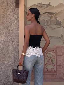 2026 Summer New Women's Elegant Knit Top, Solid Color Bandeau With Lace Patchwork Black - Black - View 9