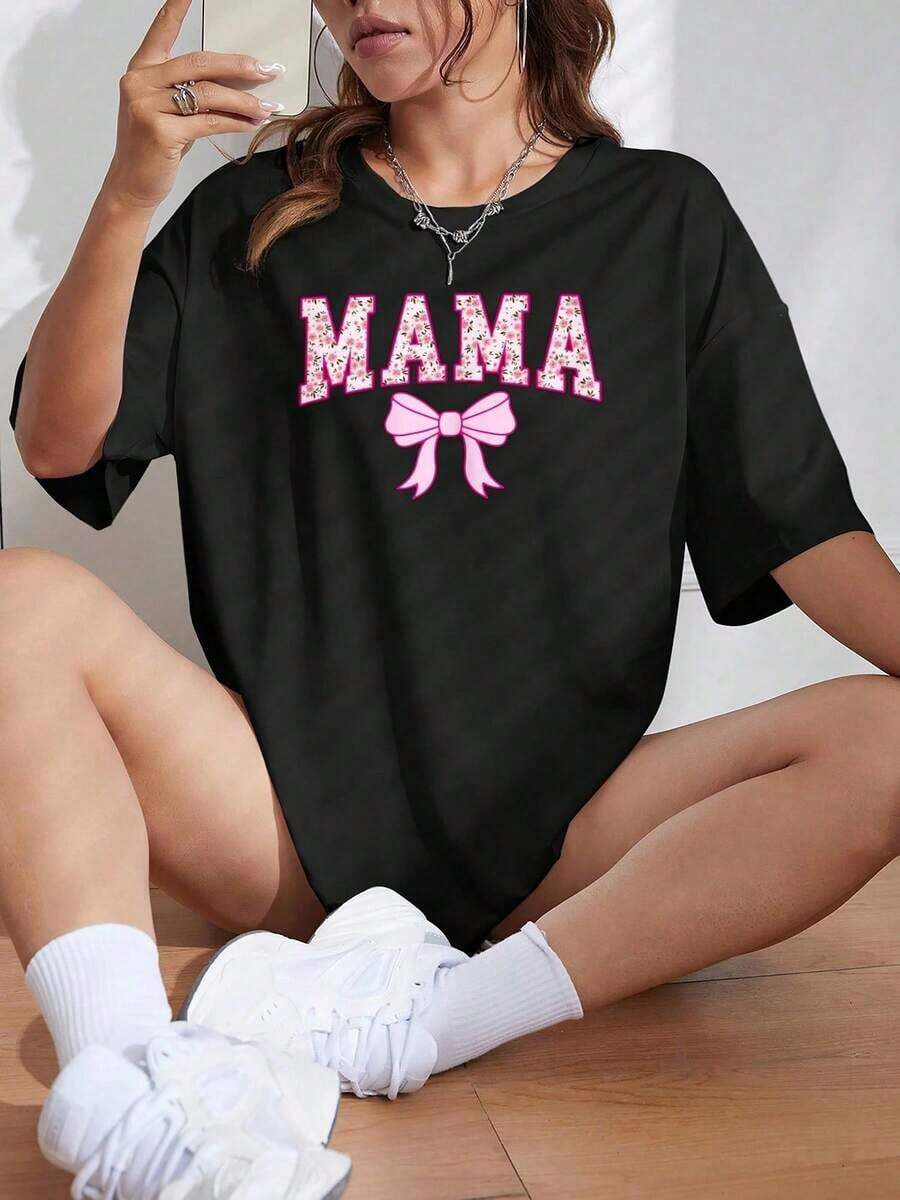 1 Piece Women's Graphic T-Shirt "Mama" 100% 180gsm - Pink Bow And Shiny Finish, Retro Aesthetic, Short Sleeve, Round Neck - Comfortable Casual Wear, Spring Mother's Day Gift, Versatile For All Seasons S180g 100% Cotton - Black 1 - 查看 1