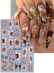 SWEET TREND 5D Brown Hibiscus Nail Stickers 2pcs Y2K Gradient Flower Petal Leopard Print Chain Line French Design DIY Autumn Winter Gothic Floral Print Retro Fashion Self-Adhesive Gel Polish Salon Manicure Tips Decal Slider Nail Art Decoration Nail Supplies - Multicolor - View 4