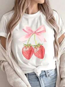 1 pieza de camiseta de mujer con estampado de fresas de gran tamaño - Camiseta suave de manga corta y cuello redondo con lazo rosa y diseño de frutas rojas, camiseta de corte holgado para todas las estaciones, ideal para atuendos casuales, conjuntos de primavera y verano, ropa para combinar y conjuntos con temática de frutas (lavable a máquina), ropa urbana para mujer, camiseta de mujer, ropa de verano para mujer, ropa de verano para mujer, 180g 100% algodón, todos los estampados están impresos. Unisexo. - Blanco - Ver 6