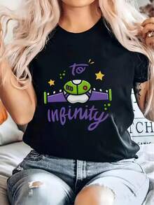 Camiseta de mujer con estampado de símbolo de infinito y bucle infinito - Suave, elástica, transpirable, de cuello redondo, manga corta, adecuada para uso casual y deportivo en todas las estaciones, negra con estampados de infinito en verde y morado, inspirada en la cultura pop - Camiseta cómoda para el uso diario, lavable a máquina, pieza versátil para combinar, diseño divertido con símbolo de infinito y bucle infinito, corte holgado para uso durante todo el día, camisa elegante adecuada para fiestas. - Negro - Ver 1