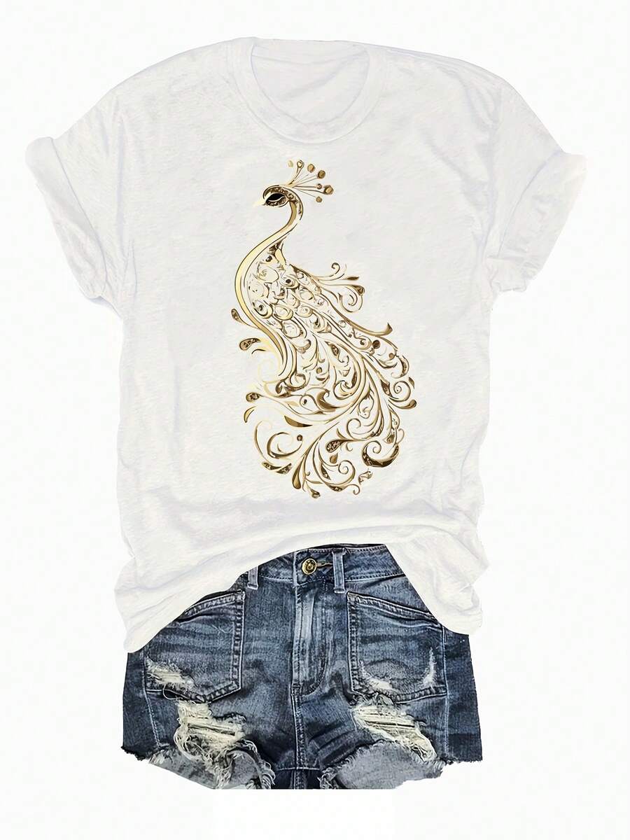 Limited Time Offer, Limited Quantities, Flash ! Women's Casual Shirts, Women's Polyester T-Shirts, Elegant Shirts. Stylish And Beautiful Short-Sleeved Summer T-Shirt With A Peacock Print And Crew Neck. - 白色 - 查看 1