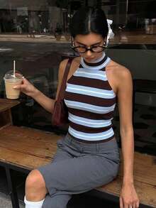 2026 : camiseta sin mangas de punto con rayas sencillas, ajustada y sexy, un básico de moda para chicas - Beis 2 - Ver 10