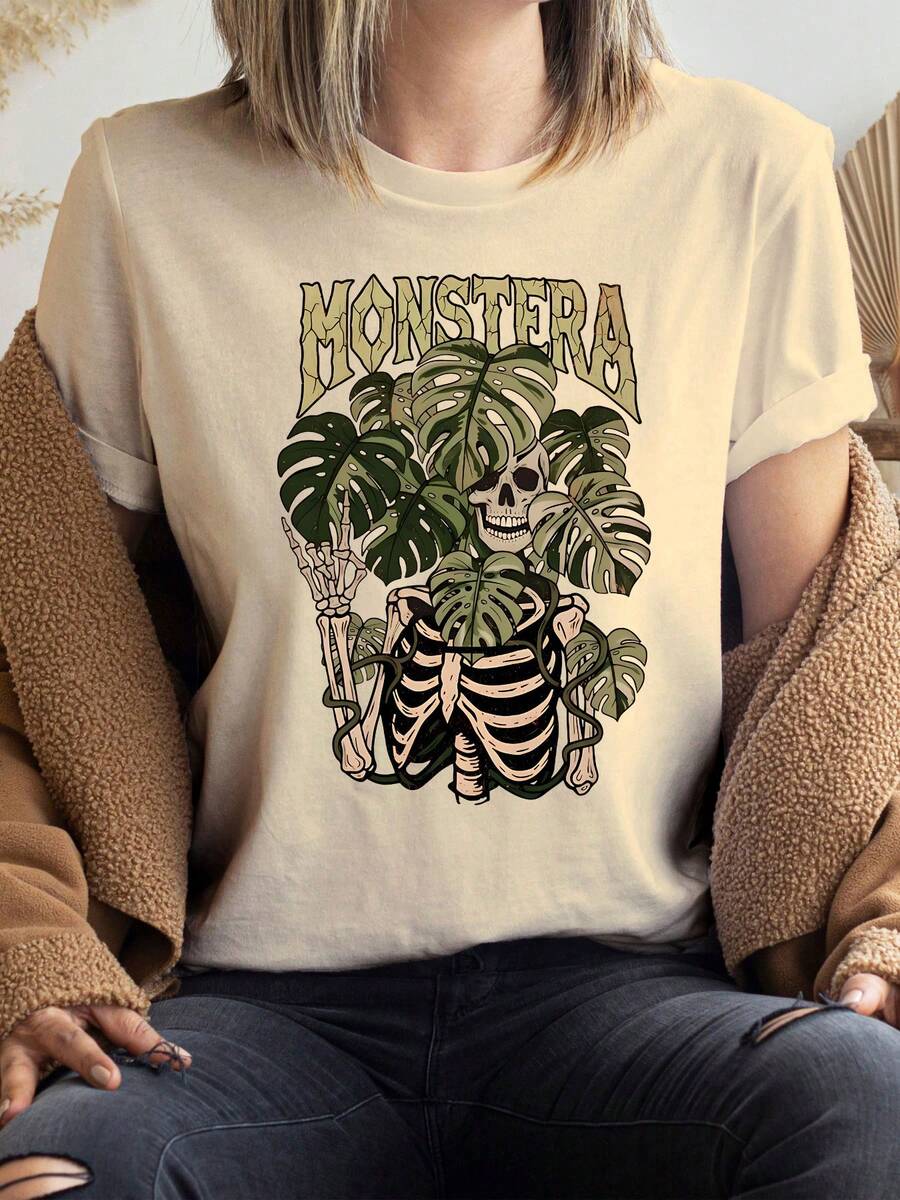 Camiseta de mujer de manga corta, de gran tamaño, con estampado de calavera, monstruo, tigre malasio y flores. | Cómodo y casual, cuello redondo, longitud regular, patrón geométrico, versátil para estilos de primavera y verano, elegante regalo para mujeres, 100% algodón. - Albaricoque - Ver 1