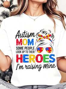 Camiseta de Cuello Redondo para Mujer con Estampado Gráfico 'Mamá Autista: Algunas Personas Admiran a Sus Héroes, Yo Estoy Creando el Mío' para la Concientización sobre la Maternidad y la Autismo, Regalo para las Fiestas, 220g, Playera Holgada para Mujer - Blanco - Ver 1