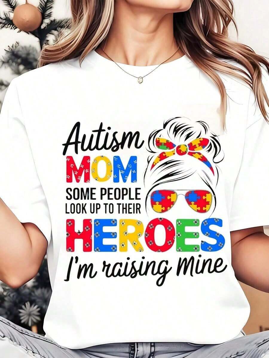 Camiseta de Cuello Redondo para Mujer con Estampado Gráfico 'Mamá Autista: Algunas Personas Admiran a Sus Héroes, Yo Estoy Creando el Mío' para la Concientización sobre la Maternidad y la Autismo, Regalo para las Fiestas, 220g, Playera Holgada para Mujer - Blanco - Ver 1